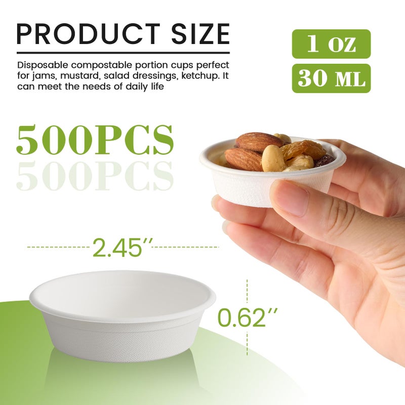 ECOLipak 1 oz Compostable Condiment Cups, 500 Pack Biodegradable Bagasse Portion Cups for Samples, Jello Shots, Tastings, Dessert, Juice, Souffle - Image 2