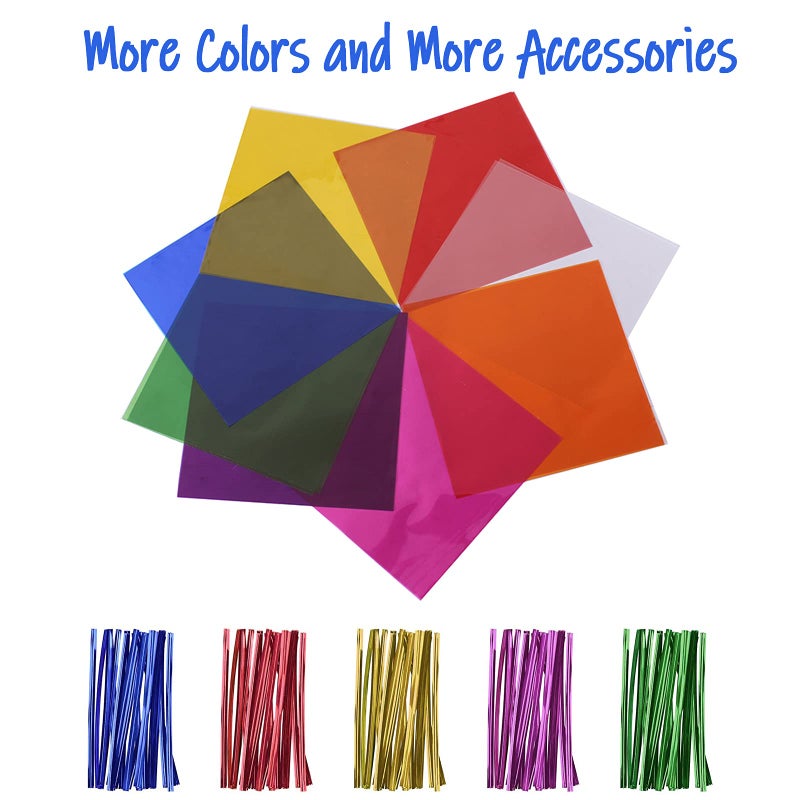 Cinvo 160 Pcs Cellophane Sheets Multi-Colored See Through Colorful Sheets with Twist Ties Cello Wraps for DIY Arts and Crafts, Treats Candy Wrapping Party Supplies (7.5 x 7.5 Inch) - Image 3
