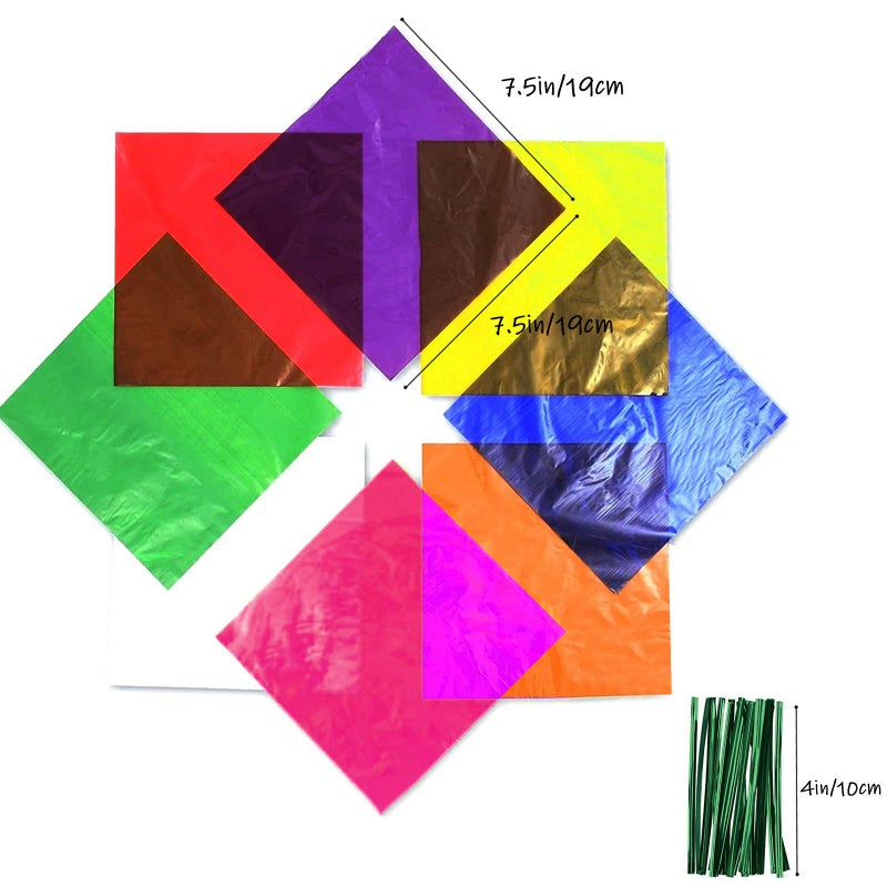 Cinvo 160 Pcs Cellophane Sheets Multi-Colored See Through Colorful Sheets with Twist Ties Cello Wraps for DIY Arts and Crafts, Treats Candy Wrapping Party Supplies (7.5 x 7.5 Inch) - Image 2