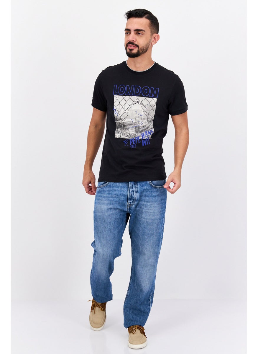 Pepe Jeans - Men Crew Neck Short Sleeve Graphic Printed T-Shirt, Black - Image 1