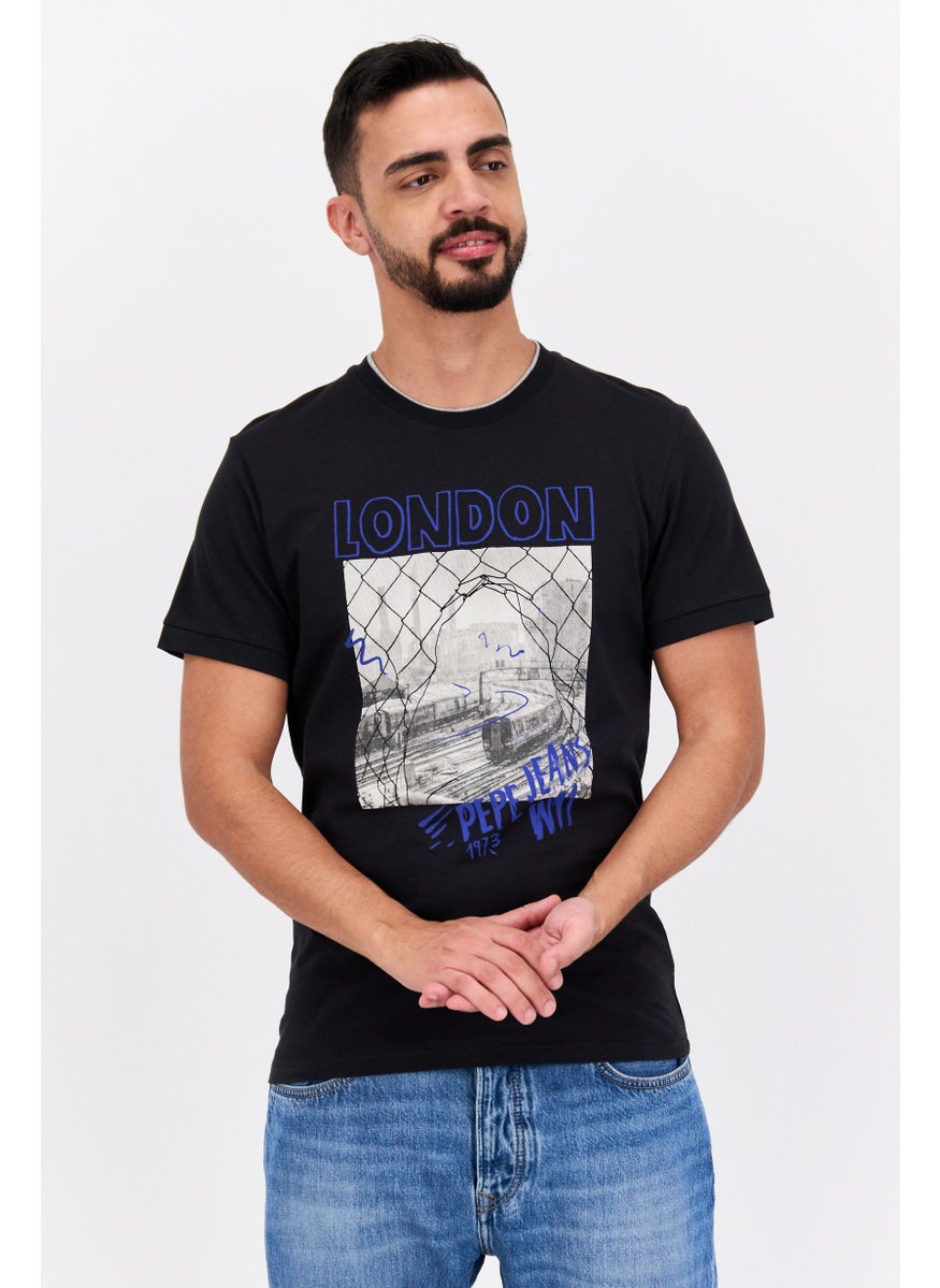 Pepe Jeans - Men Crew Neck Short Sleeve Graphic Printed T-Shirt, Black - Image 1