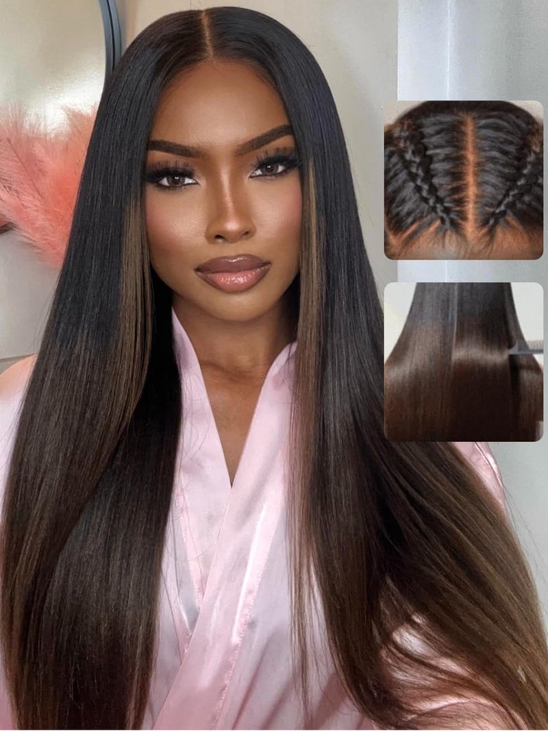 UNICE Chestnut Brown Ombre Yaki Straight 7x5 Pre Cut HD Lace Front Wigs Human Hair with Drawstring Bye Bye Knots Glueless Wig Pre Plucked Bleached Knots Natural Hairline 150% Density 16 inch - Image 1