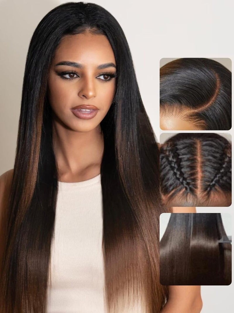 UNICE Chestnut Brown Ombre Yaki Straight 7x5 Pre Cut HD Lace Front Wigs Human Hair with Drawstring Bye Bye Knots Glueless Wig Pre Plucked Bleached Knots Natural Hairline 150% Density 16 inch - Image 3