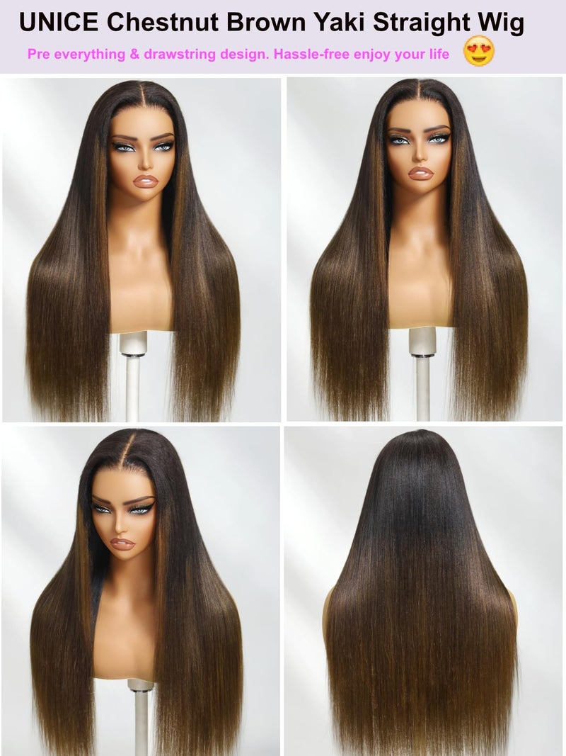 UNICE Chestnut Brown Ombre Yaki Straight 7x5 Pre Cut HD Lace Front Wigs Human Hair with Drawstring Bye Bye Knots Glueless Wig Pre Plucked Bleached Knots Natural Hairline 150% Density 16 inch - Image 5