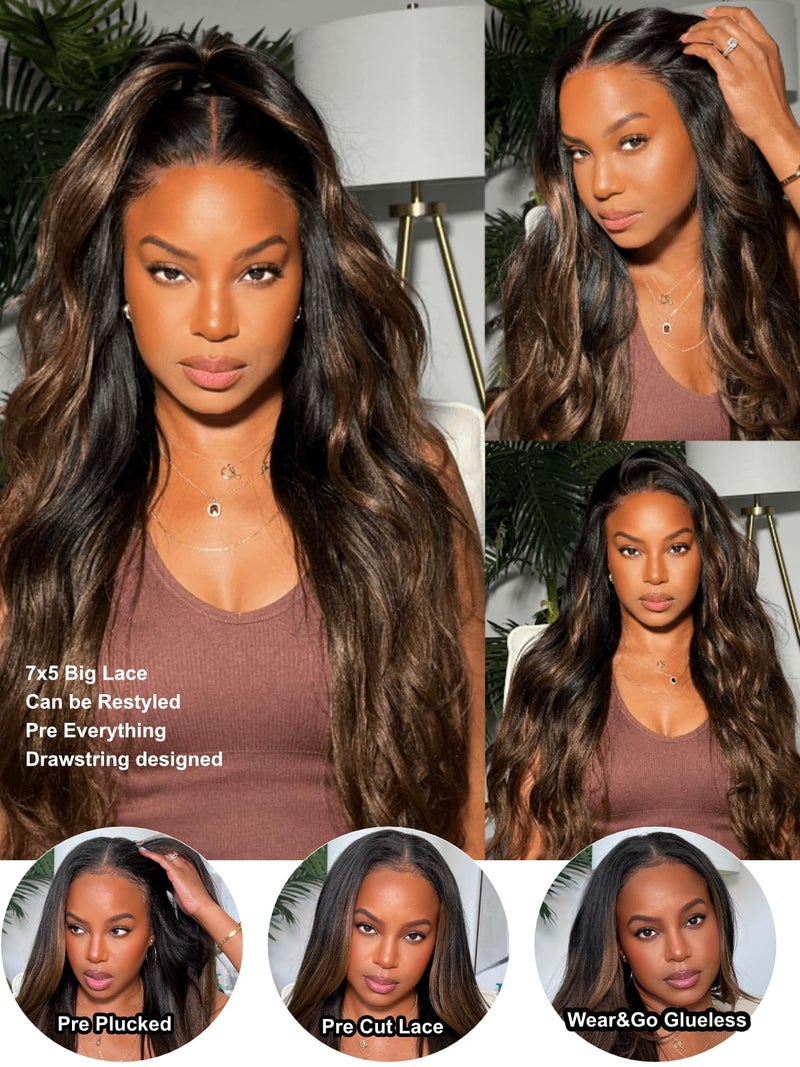 UNICE Chestnut Brown Ombre Yaki Straight 7x5 Pre Cut HD Lace Front Wigs Human Hair with Drawstring Bye Bye Knots Glueless Wig Pre Plucked Bleached Knots Natural Hairline 150% Density 16 inch - Image 2