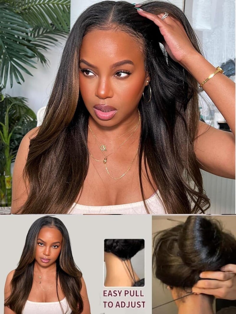UNICE Chestnut Brown Ombre Yaki Straight 7x5 Pre Cut HD Lace Front Wigs Human Hair with Drawstring Bye Bye Knots Glueless Wig Pre Plucked Bleached Knots Natural Hairline 150% Density 16 inch - Image 4