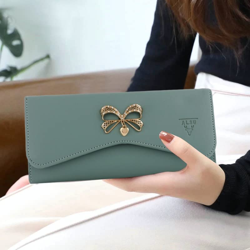 ALSU Women's Hand Wallet Purse Clutch | Phone Pocket| 4 Card Slots| Coin Pockets| Smooth Material (Light Green) - Image 3