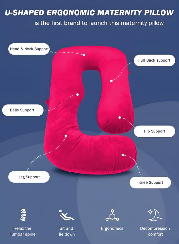 DADDY COOL وسادة الحمل على شكل J من دادي كول لدعم النوم || للحوامل والرضع | دعم الظهر والبطن والوركين والعمود الفقري والرقبة والمعدة والرأس بغطاء خارجي من المخمل مع سحاب (وردي راني) - Image 2