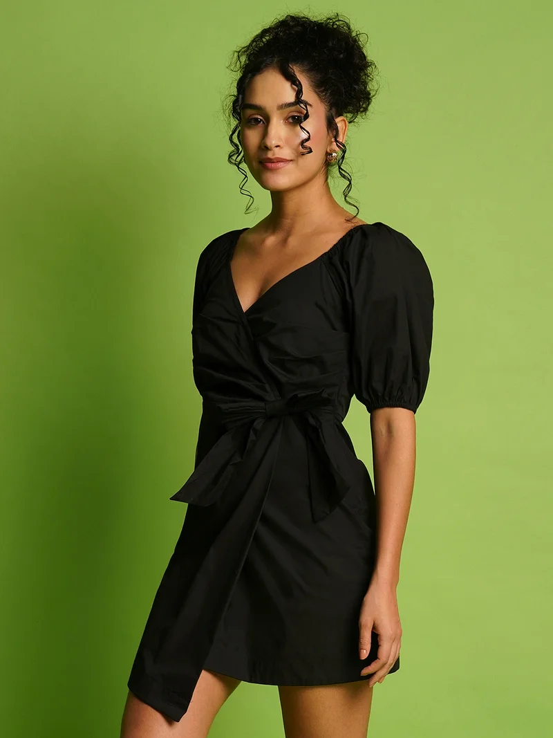 globus Women V-Neck Puff Sleeves Side Pleated Waist Tie-Up Mini Wrap Party Dress