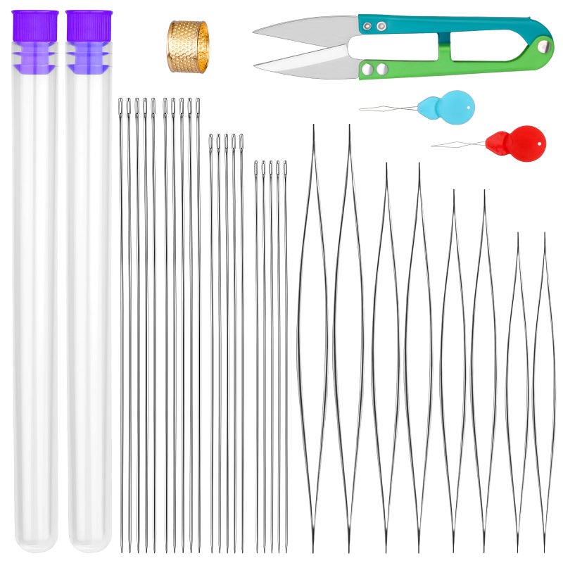 UOOU 28 Pcs Beading Needles Set Include 20 Pcs Long Straight Beading Thread Needles + 8 Pcs Big Eye Beading Needles, Embroidery Needles with Needle Bottle, Thimble, Needle Threaders for Jewelry Making - Image 1