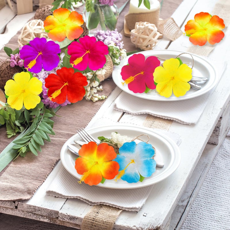 KVCSYAW 120 Pcs Artificial Hibiscus Flowers, 6 Colors Tropical Hawaiian Fake Luau Fake Hibiscus Flowers Decoration for DIY Crafts, Summer Party Favors Supplies, Cake Tables Centerpieces - Image 4