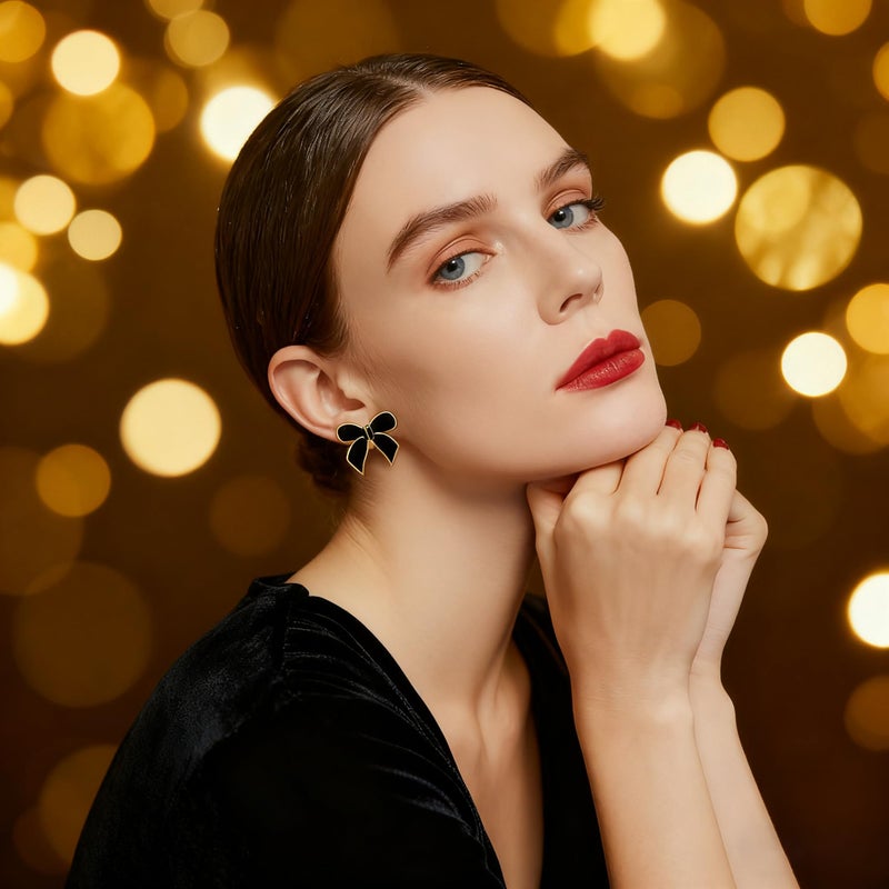 YUJIE Black Bow Earrings for Women 18K Gold Plated Bowtie Studs Trendy Elegant Statement Earring Cute Jewelry Gift for Valentine Birthday - Image 2