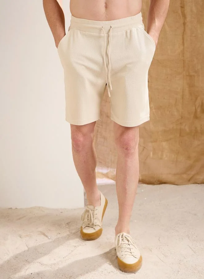 SASSAFRAS Sassafras Men Beige Waffle Textured Straight Fit Shorts