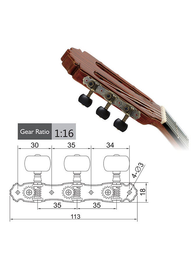 Generic - 2 Pcs (L&R) Classical Guitar Tuning Peg Bronze Plated Acoustic Guitar Machine Heads 1 : 16 Tuning Keys Knobs String Tuners (Aos-022V3P) - Image 1