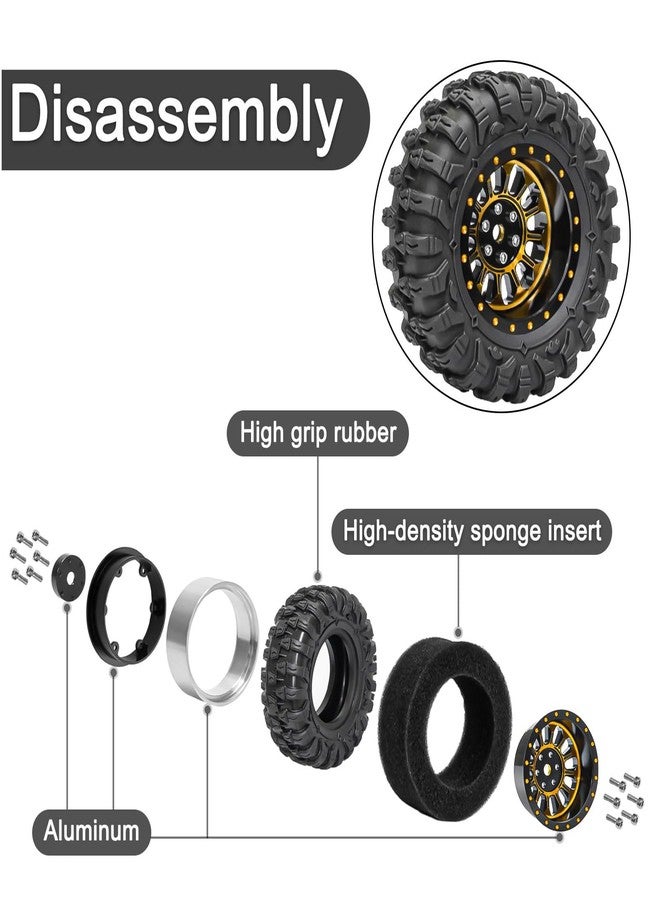 مجموعة إطارات عجلات Beadlock مقاس 1.3 بوصة مكونة من 4 قطع، عجلات وإطارات ألومنيوم مقاس 1.3 بوصة لسيارات الزحف التي تعمل بالتحكم عن بعد بمقياس 1/18 TRX4M و 1/24 SCX24 FCX24 (إطارات B + محور عجلة ذهبي) - Image 2