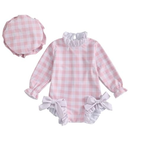 Socutebabe Baby Girl Swimsuit Baby Girls Long Sleeve One Piece Swimsuit Romper with Hat Bathing Suit Beach Rash Guard (aa-r-Pink, 6-12 Months) - Image 1
