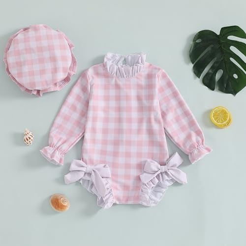 Socutebabe Baby Girl Swimsuit Baby Girls Long Sleeve One Piece Swimsuit Romper with Hat Bathing Suit Beach Rash Guard (aa-r-Pink, 6-12 Months) - Image 2