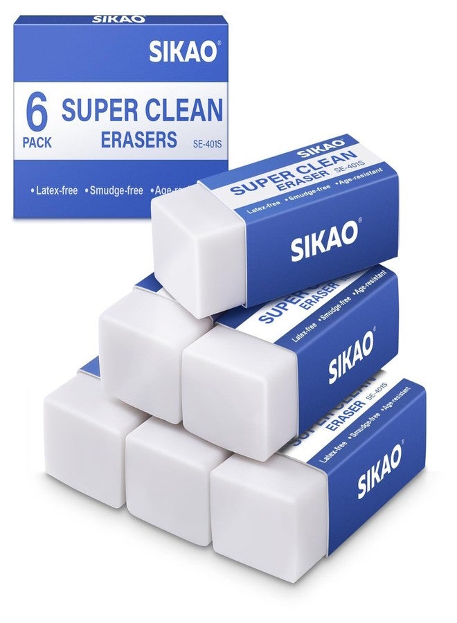 Sikao White Erasers, 6 Pack Block Pencil Erasers – Smudge-Free Latex-Free, Erasers for Kids School Supplies, Clean Erase for Homework, Office & Drawing (Art Use) - Image 1