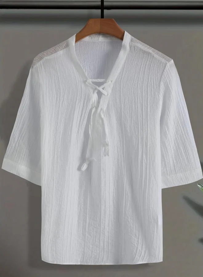 Take Two Take Two Men White Textured Drawstring Front T-Shirt