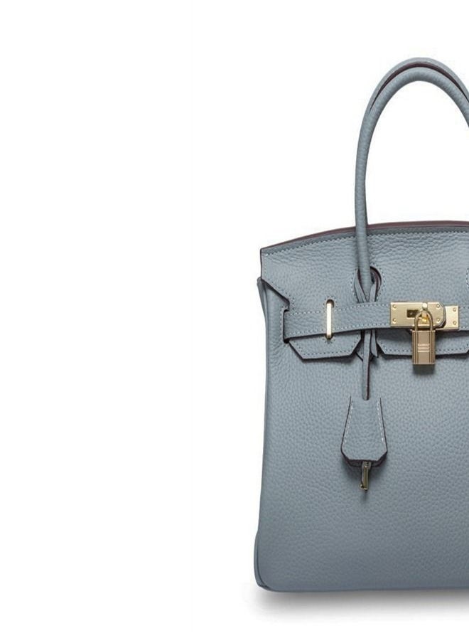 Loquat Gold Buckle Leather Handbag Linen blue  - Image 3
