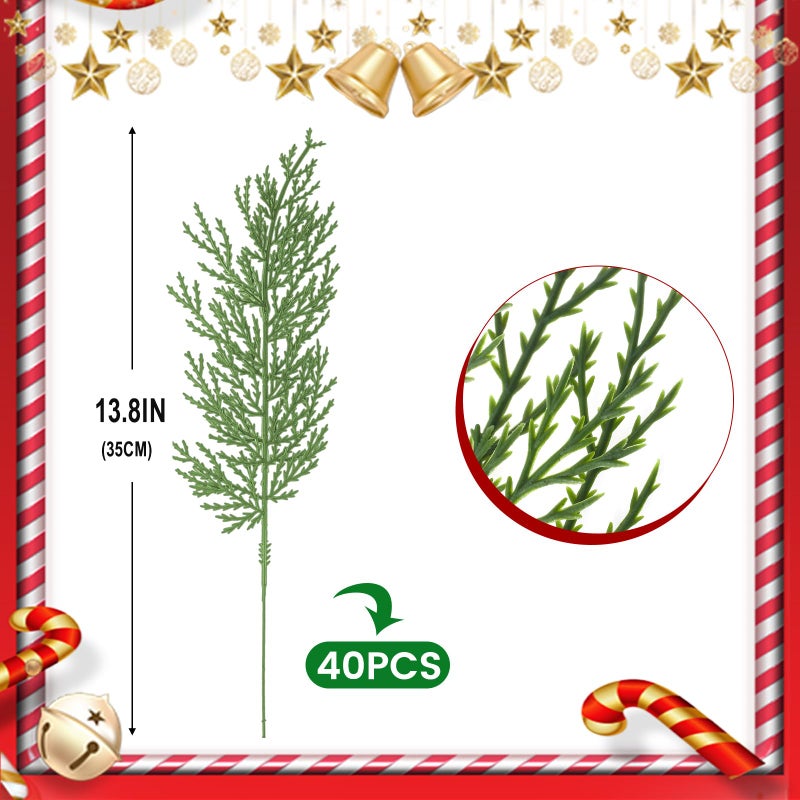 Ledoira Artificial Pine Branches Christmas Faux Cedar Stems Cedar Pine Picks Branches Green Cedar Sprigs Christmas Greenery Pine Picks for Wreath Craft DIY Winter Home Decorations 40PCS - Image 2