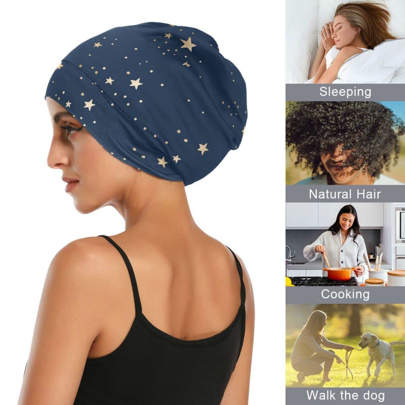 ElliTarr Satin Bonnet Lined Sleep Cap Hair Wrap Cover Slouchy Beanie for Curly Hair Protection for Gifts for Men Women Dark Blue Stars - Image 4