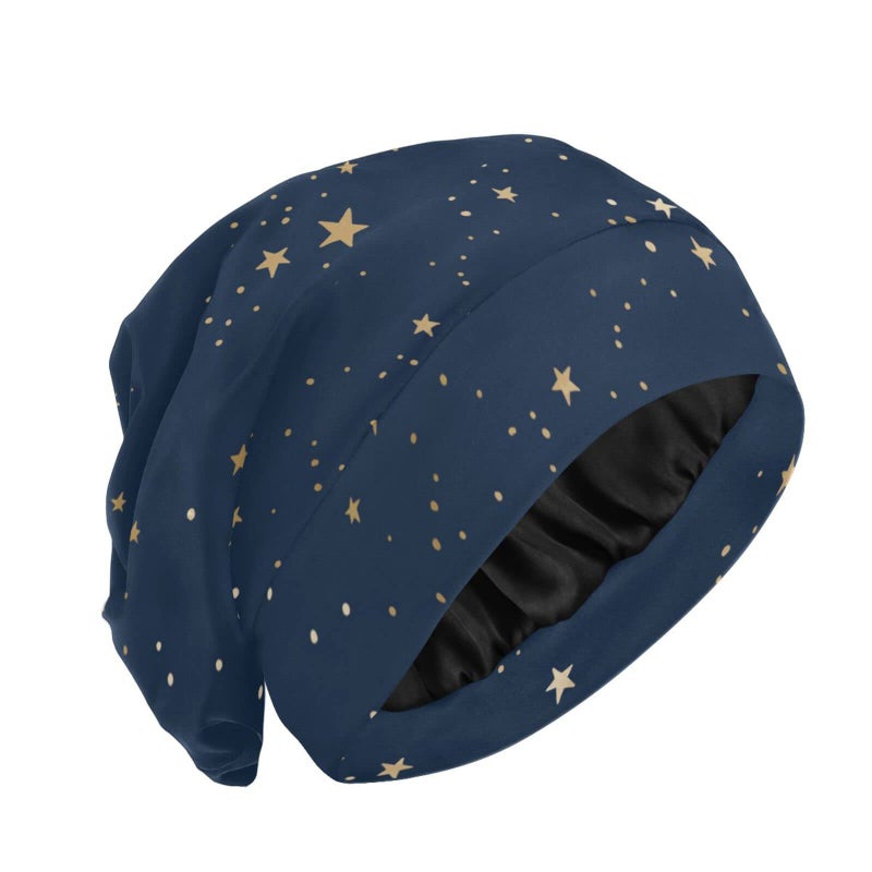 ElliTarr Satin Bonnet Lined Sleep Cap Hair Wrap Cover Slouchy Beanie for Curly Hair Protection for Gifts for Men Women Dark Blue Stars - Image 1