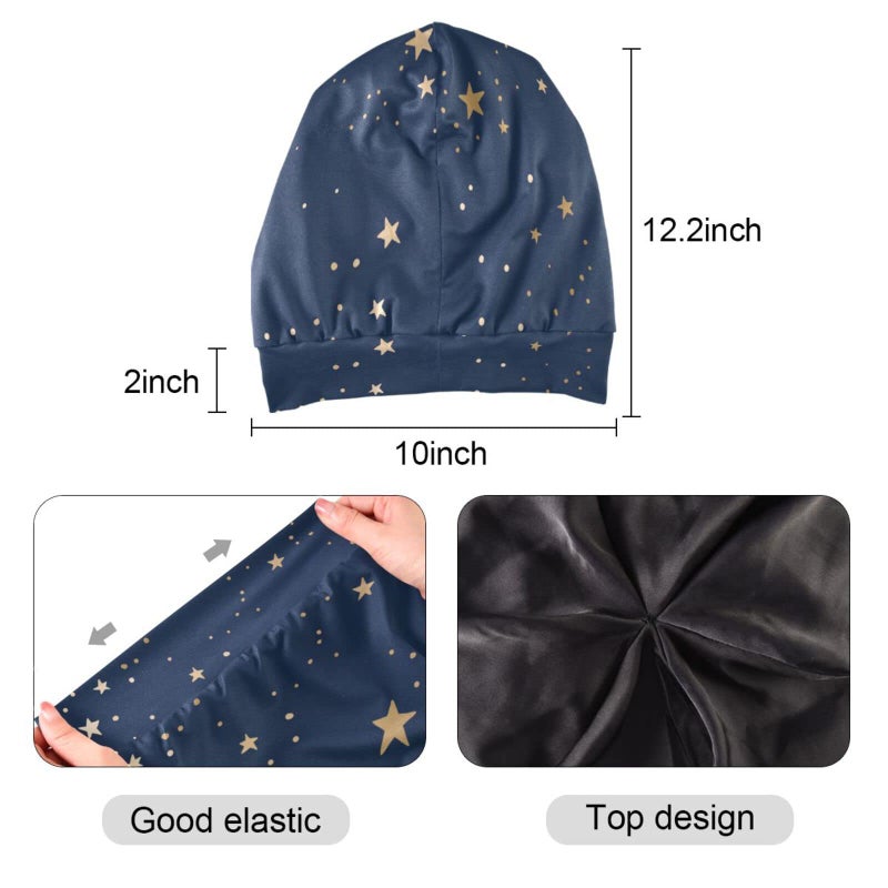ElliTarr Satin Bonnet Lined Sleep Cap Hair Wrap Cover Slouchy Beanie for Curly Hair Protection for Gifts for Men Women Dark Blue Stars - Image 2
