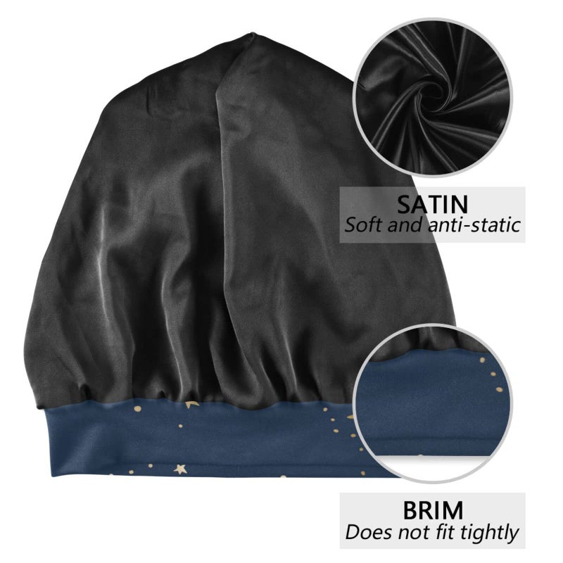 ElliTarr Satin Bonnet Lined Sleep Cap Hair Wrap Cover Slouchy Beanie for Curly Hair Protection for Gifts for Men Women Dark Blue Stars - Image 3