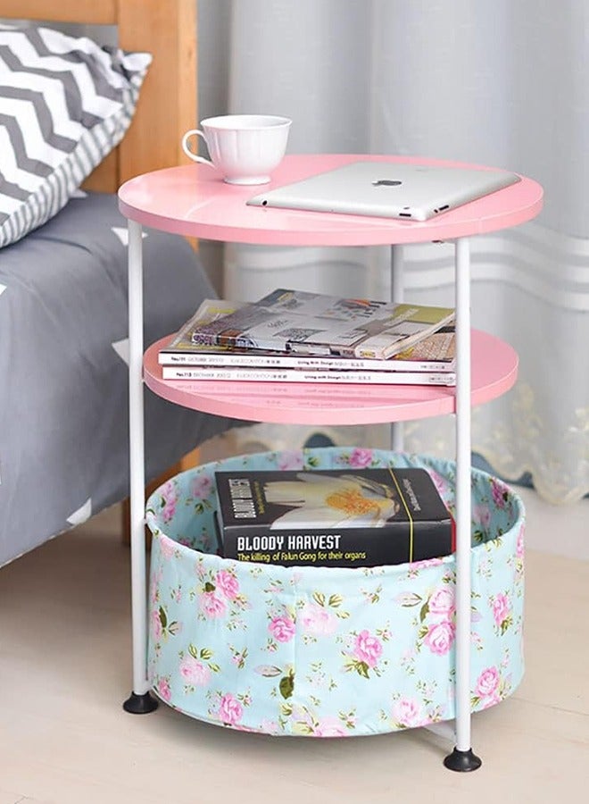 JCB CHIC Basics Round Storage End Table, Side Table with Cloth Basket，Metal Nightstand Bedside Table  2-Tier Coffee Snack Table for Bedroom Living Room and Office(C2#2) - Image 1