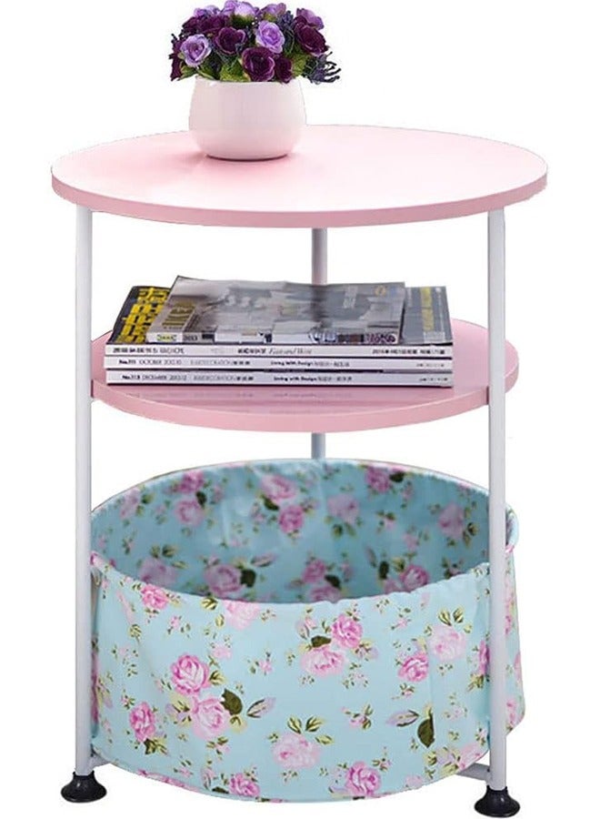 JCB CHIC Basics Round Storage End Table, Side Table with Cloth Basket，Metal Nightstand Bedside Table  2-Tier Coffee Snack Table for Bedroom Living Room and Office(C2#2) - Image 2