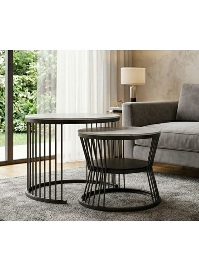 SUNLIT HOME Elegant 2-Piece Nesting Coffee Table Set with Round Grey Marble Top & Black Geometric Base - Image 2