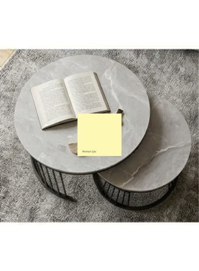 SUNLIT HOME Elegant 2-Piece Nesting Coffee Table Set with Round Grey Marble Top & Black Geometric Base - Image 4