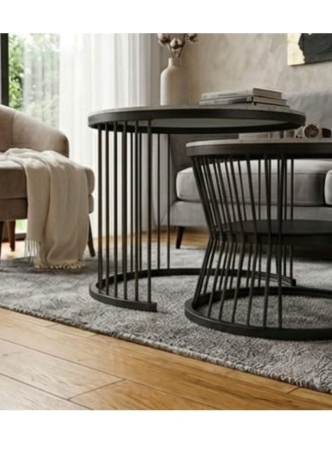 SUNLIT HOME Elegant 2-Piece Nesting Coffee Table Set with Round Grey Marble Top & Black Geometric Base - Image 3