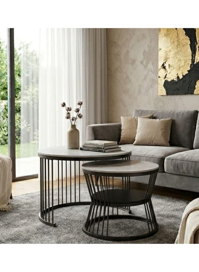 SUNLIT HOME Elegant 2-Piece Nesting Coffee Table Set with Round Grey Marble Top & Black Geometric Base - Image 1