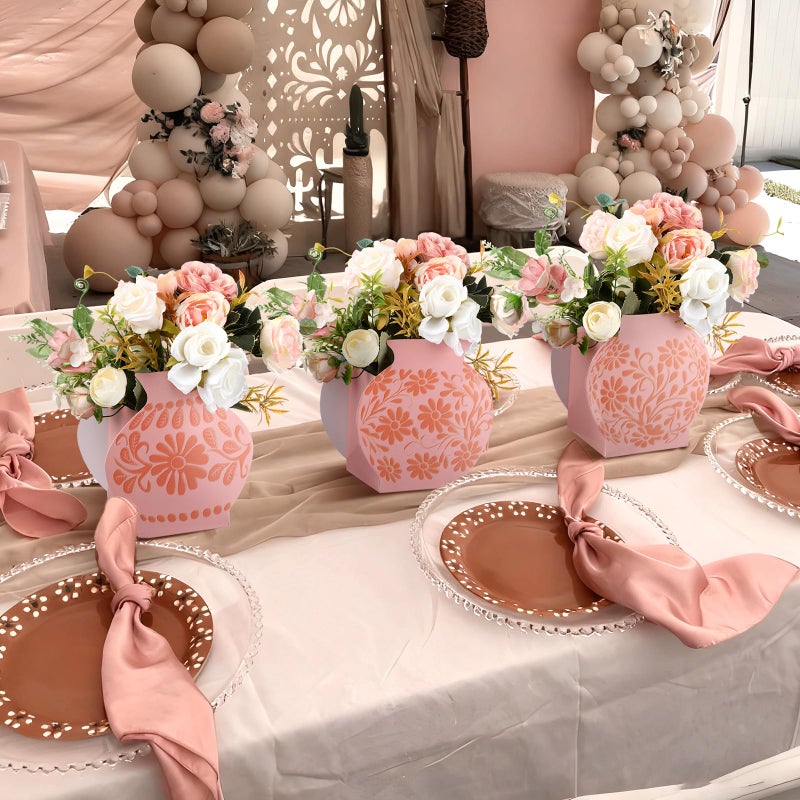 Jingmore 12 Pcs Platos De Barro Mexicanos Cielito Lindo Party Decoration Flower Vase Centerpiece Mexican Paper Gift Boxes Terracotta Clay Pottery Cinco De Mayo Decor for Tables(Brown Flower,Pink) - Image 3
