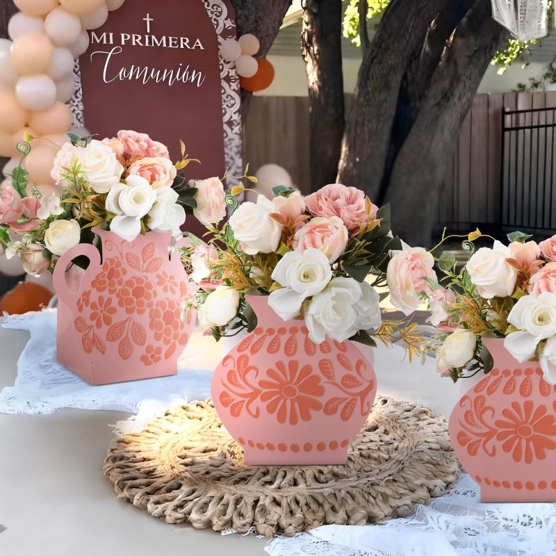 Jingmore 12 Pcs Platos De Barro Mexicanos Cielito Lindo Party Decoration Flower Vase Centerpiece Mexican Paper Gift Boxes Terracotta Clay Pottery Cinco De Mayo Decor for Tables(Brown Flower,Pink) - Image 4