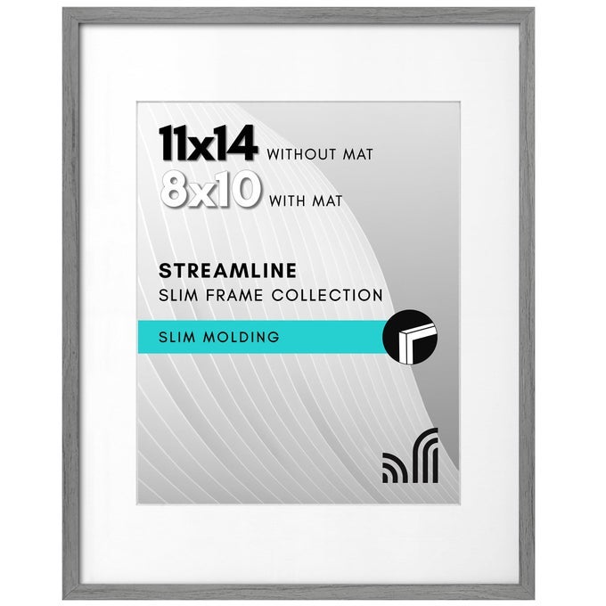11X14 PICTURE FRAME WITH SHATTERRESISTANT GLASS USE AS 8X10 FRAME WITH MAT OR DISPLAY 11X14 PHOTO WITHOUT MAT STREAMLINE COLLECTION THIN BORDER PICTURE FRAMES FOR WALL GREY