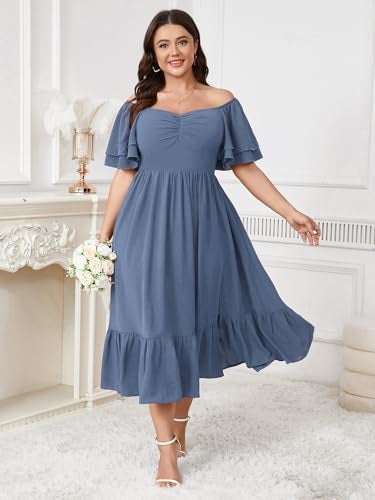 SCOMCHIC Womens Plus Size Wedding Guest Cocktail Dresses Sweetheart Neckline Short Sleeve Smocked Ruffle Slit Maxi Dress Dusty Blue - Image 5