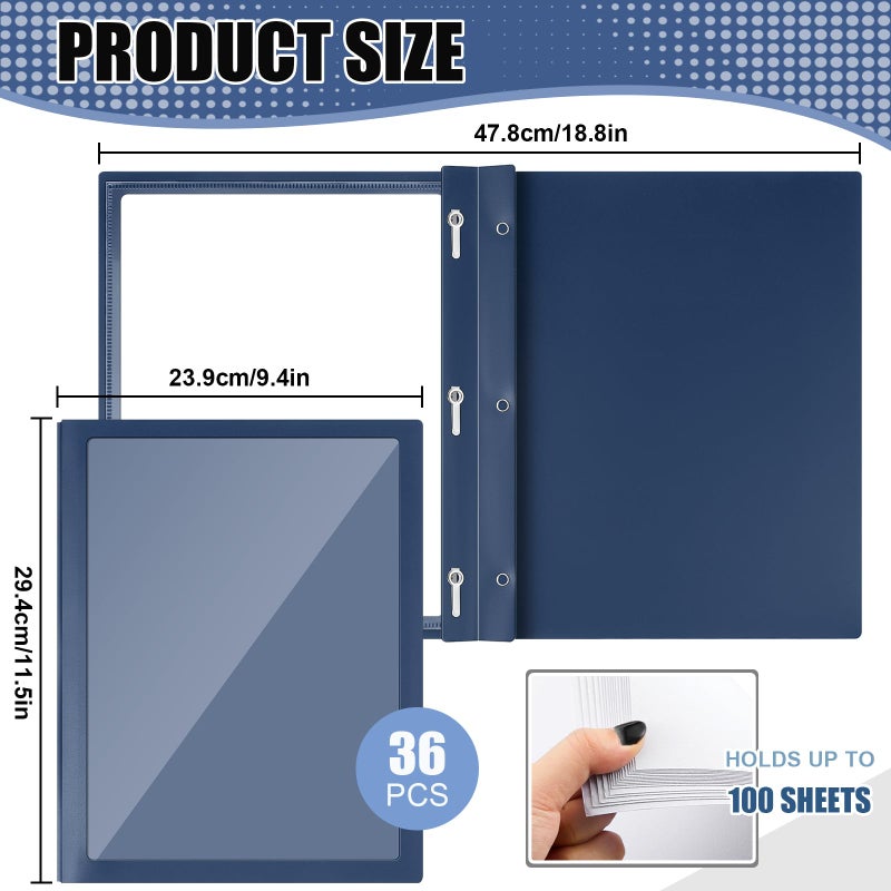 Teling 36 Pcs Report Covers with 3 Prong Fasteners Clear Front Presentation Folders Frame View Poly Report Folder Presentation Binder for Paper Document School Office (Navy Blue) - Image 2