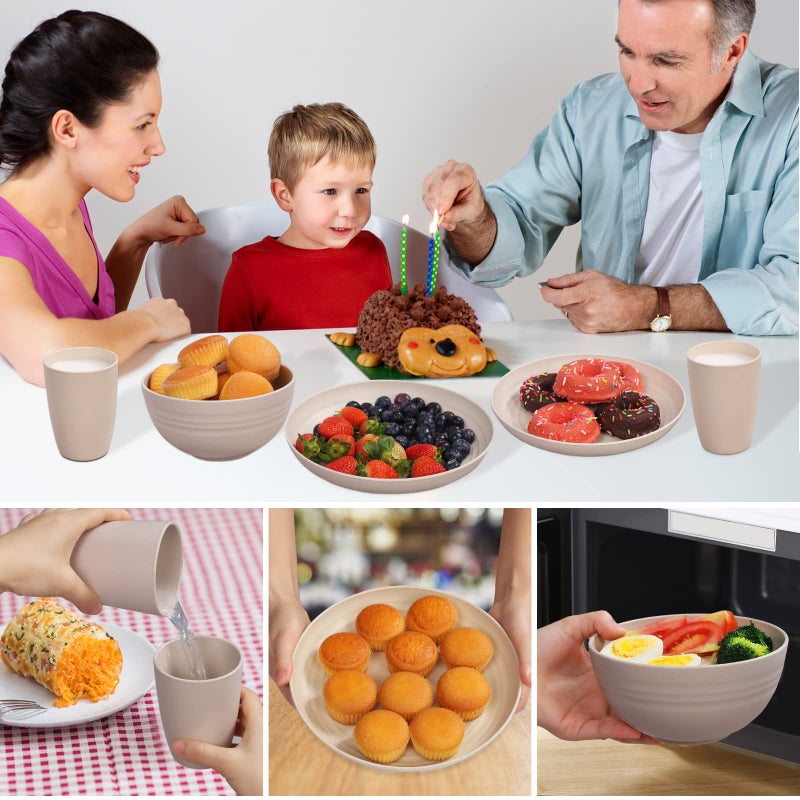 Wwyybfk Wheat Straw Dinnerware Sets for 4, Wheat Straw Plates and Bowls Sets Kitchen Dishes 28pcs College Dorm Room Essentials Cutlery Set Microwave Safe (Beige) - Image 3