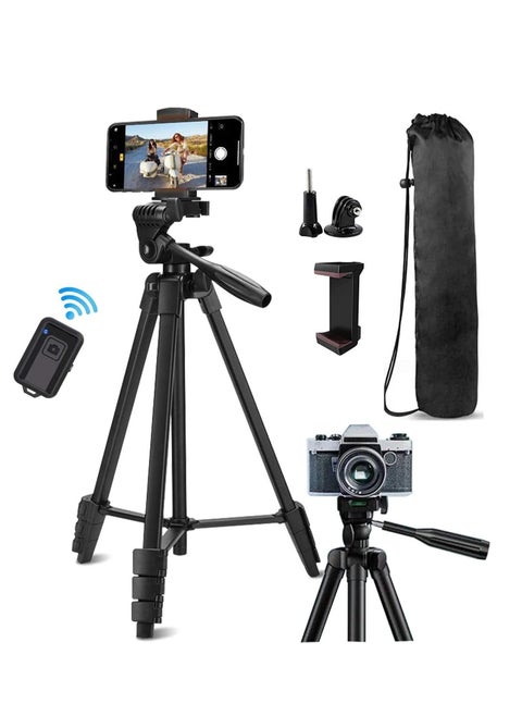 Tripod Stand 53" Extendable Mini Cell Phone Tripod Accessory with Portable Pouch, Bluetooth Remote Shutter and Phone Mount for iPhone/Android Phone/Gopros/DSLR Cameras