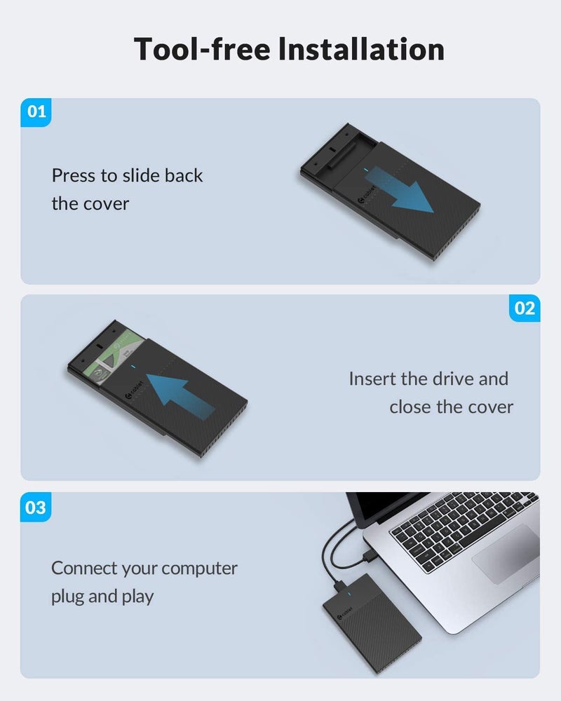 Cablet 2.5 Inch SATA USB 3.0 HDD/SSD Portable External Enclosure for 7mm and 9.5mm, Tool-Free Design, Supports UASP Max 6TB - Image 3
