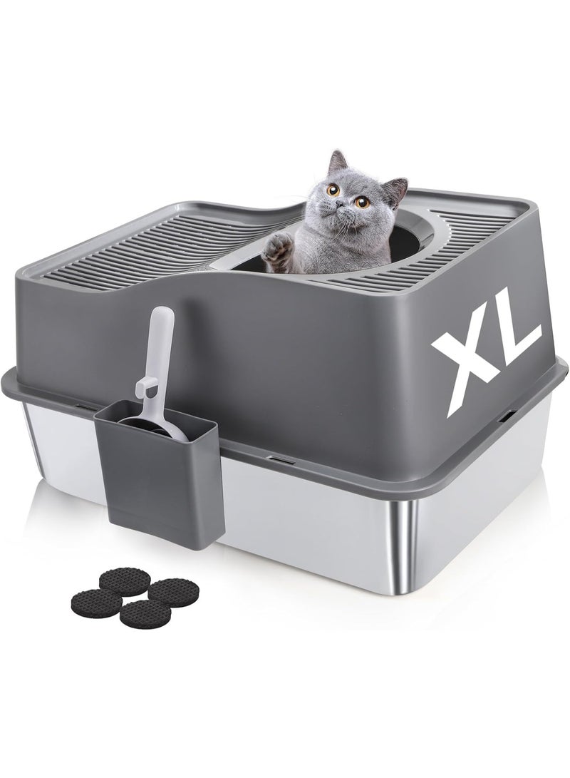 Stainless Steel Cat Litter Box with Lid, Extra Large Top Entry Litter Boxes for Big Cats, Enclosed Removable Metal Litter Box with Scoop and High Wall, Anti-Leakage, Easy Cleaning - Image 1