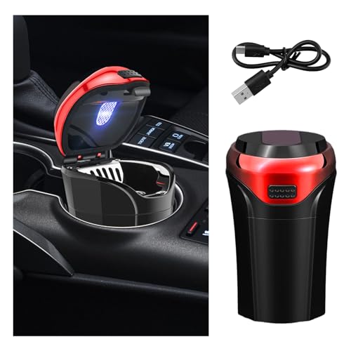 Suvnie Car Ashtray with Lid, Detachable USB Rechargeable Auto Cigarette Lighter with Blue LED Light, Portable Smell Proof Stainless Car Ash Tray, Mini Automotive Trash Can (Red) - Image 1