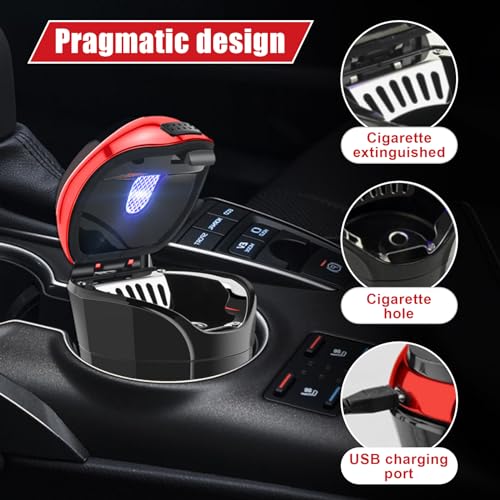 Suvnie Car Ashtray with Lid, Detachable USB Rechargeable Auto Cigarette Lighter with Blue LED Light, Portable Smell Proof Stainless Car Ash Tray, Mini Automotive Trash Can (Red) - Image 3