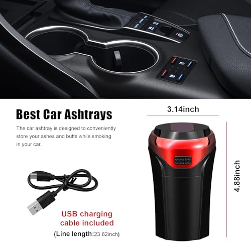 Suvnie Car Ashtray with Lid, Detachable USB Rechargeable Auto Cigarette Lighter with Blue LED Light, Portable Smell Proof Stainless Car Ash Tray, Mini Automotive Trash Can (Red) - Image 2