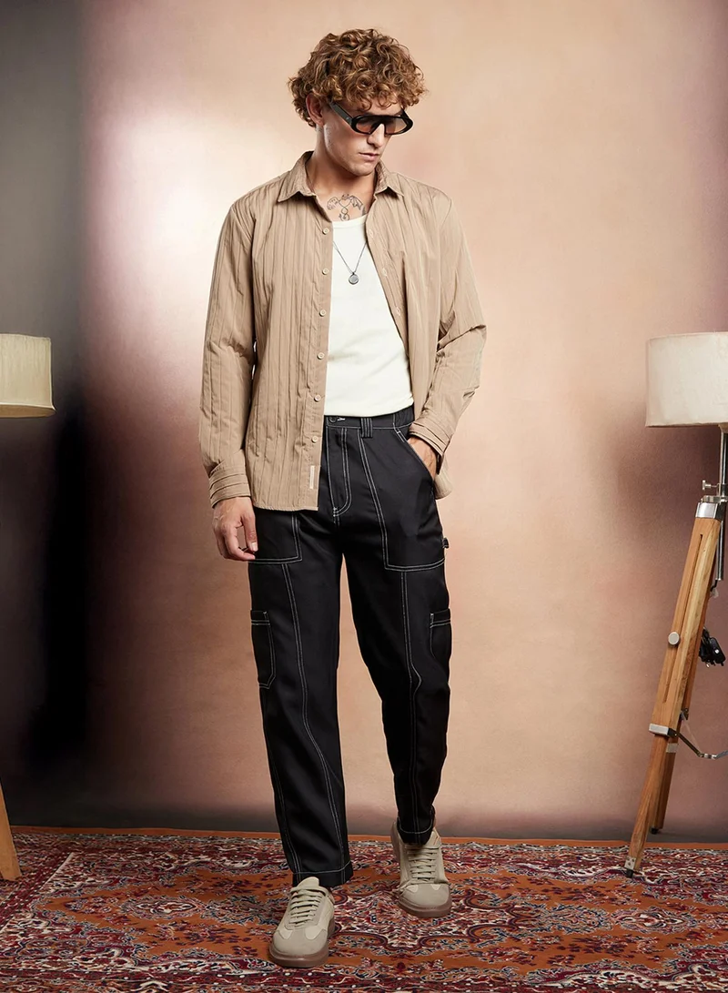 Campus Sutra Campus Sutra Men's Sand Beige Quilt-Tactile Shirt For Casual Wear | Spread Collar | Long Cuffed Sleeves | Button Closure | Shirt Crafted With Comfort Fit For Everyday Wear