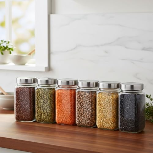 Femora Glass Containers for Kitchen|1000ml| Set of 6| Glass Storage Jars for Kitchen| 1 Year arranty| Jars for Snacks, Fry Food, Masala, Spice, Pickles, Cookies - Image 1