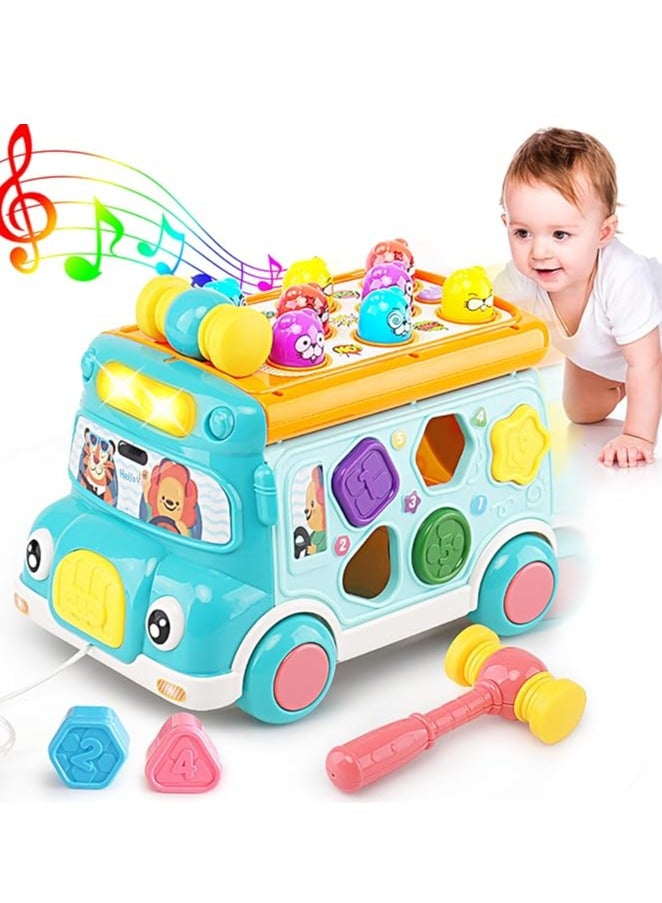 Arabest Music Activity Bus Baby Toy, Infant Education Learn Car, Sound & Light, Interactive Game, Shape Sorter, Animal Matching, Holiday Birthday Present for Toddler Kid Boy Girl 3 4 5 6 7 Years (Blue) - Image 1